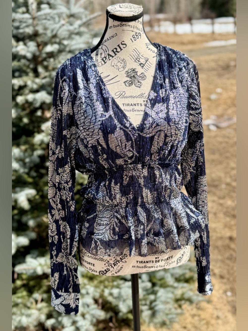 Anthropologie Black Navy and Silver Metallic Floral V-Neck Peplum Blouse - Picture 7 of 17